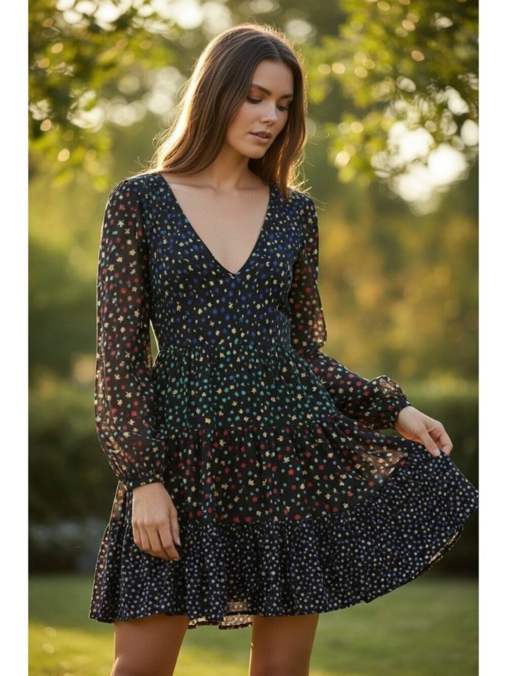 RIXO London Cocktail Dress XXS Modal V-Neck Long Sleeve Floral Mini Black